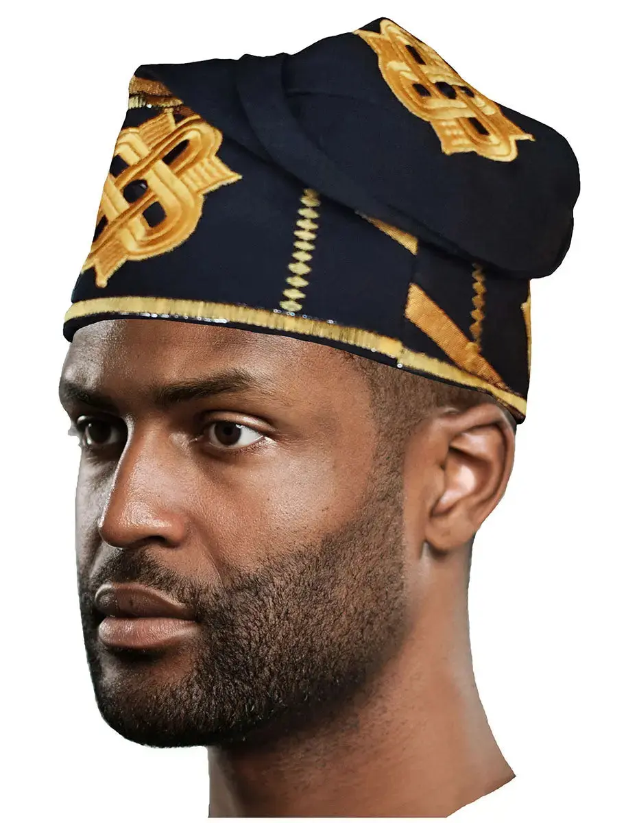 Black and Gold Embroidered African Hand woven Aso Oke Hat | African Fashion | Dupsie's