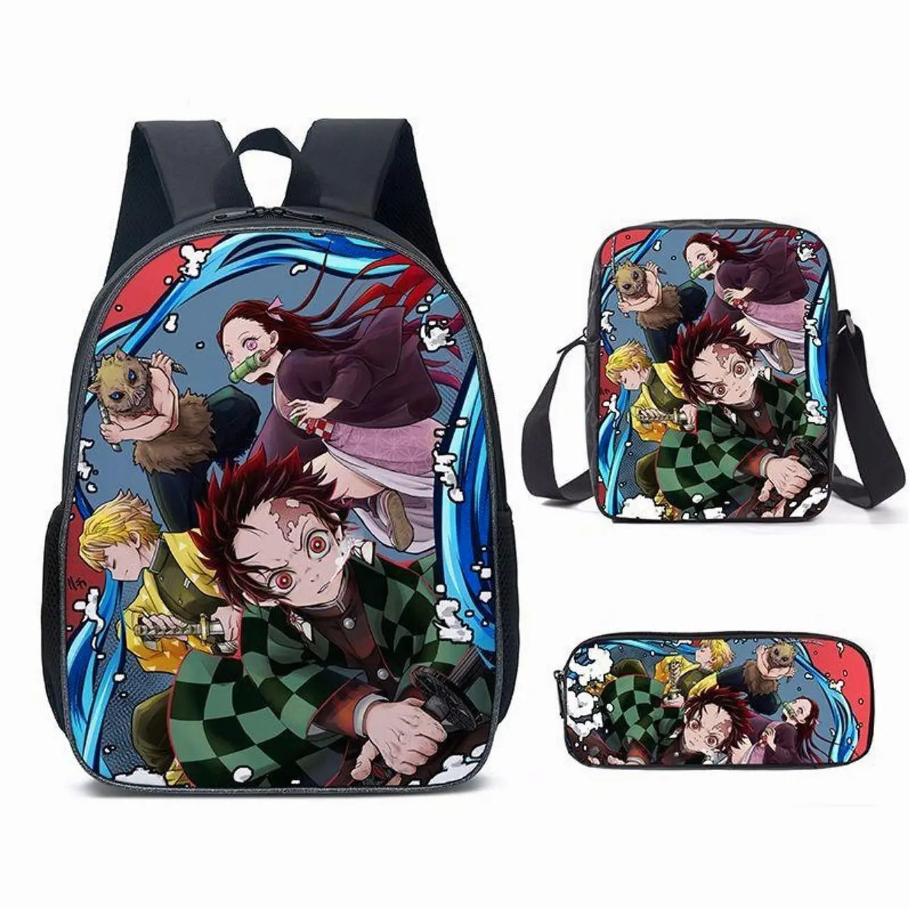 Cute Anime Demon Slayer Fighter 3Pcs Backpack Set - Schoolbag Insulated Lunch Tote Pencil Case - Back to School Gift for Kids