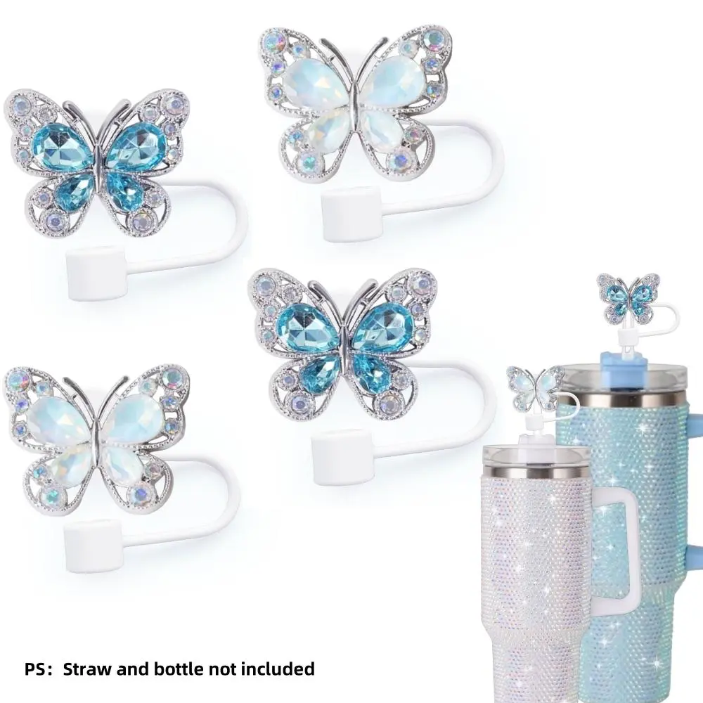 Rhinestone Butterfly Design Silicone Straw Top, Straw Spout Lid, Dust-proof & Reusable Straw Caps for 0.39" Diameter Straws, Decorative Straw Accessories