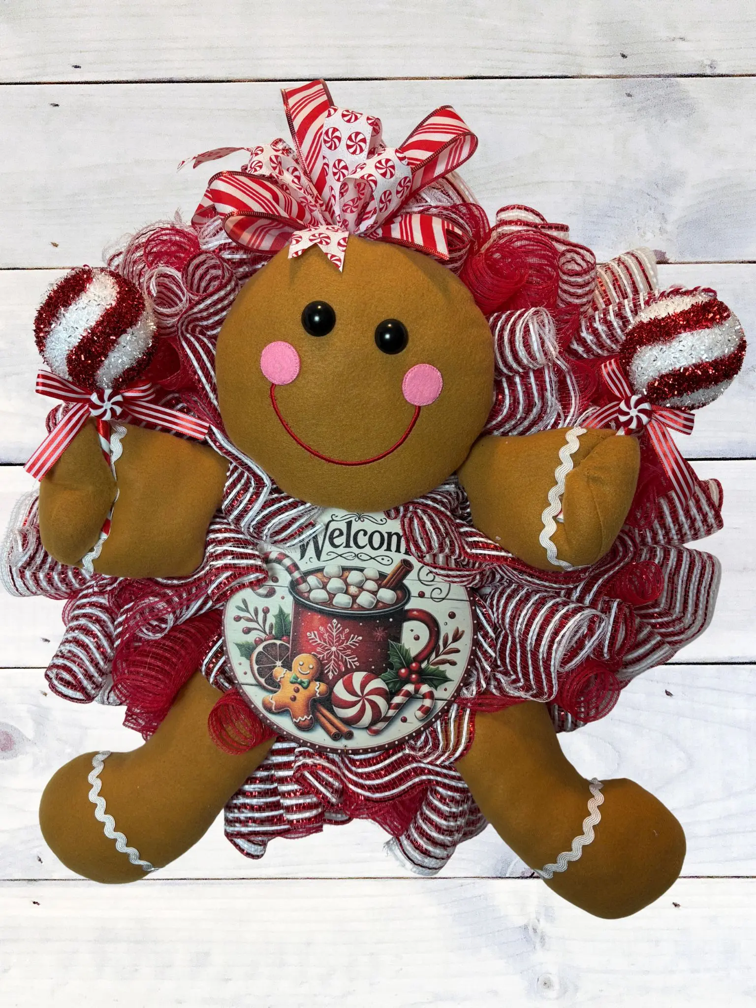 Gingerbread Welcome Wreath | Red & White Christmas Decor | Handmade Holiday Mesh Wreath