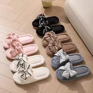Women's Soft Plush Slide Slippers with Bow Detail – Cozy Open-Toe House Shoes for Year-Round Wear Suitable Valentine's Day gifts