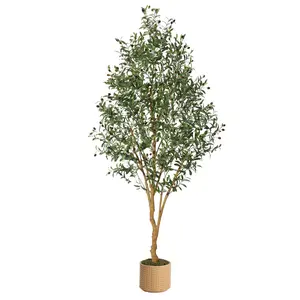 Gaomon 8 ft Tall Pre-Assembled Artificial Olive Tree with Planter - Indoor Decorative Faux Topiary, Natural Wood Trunk, Silk Leaves, Adjustable Limbs, Lifelike Fruits, Natural Look for Home Office Decor (1 Pack)