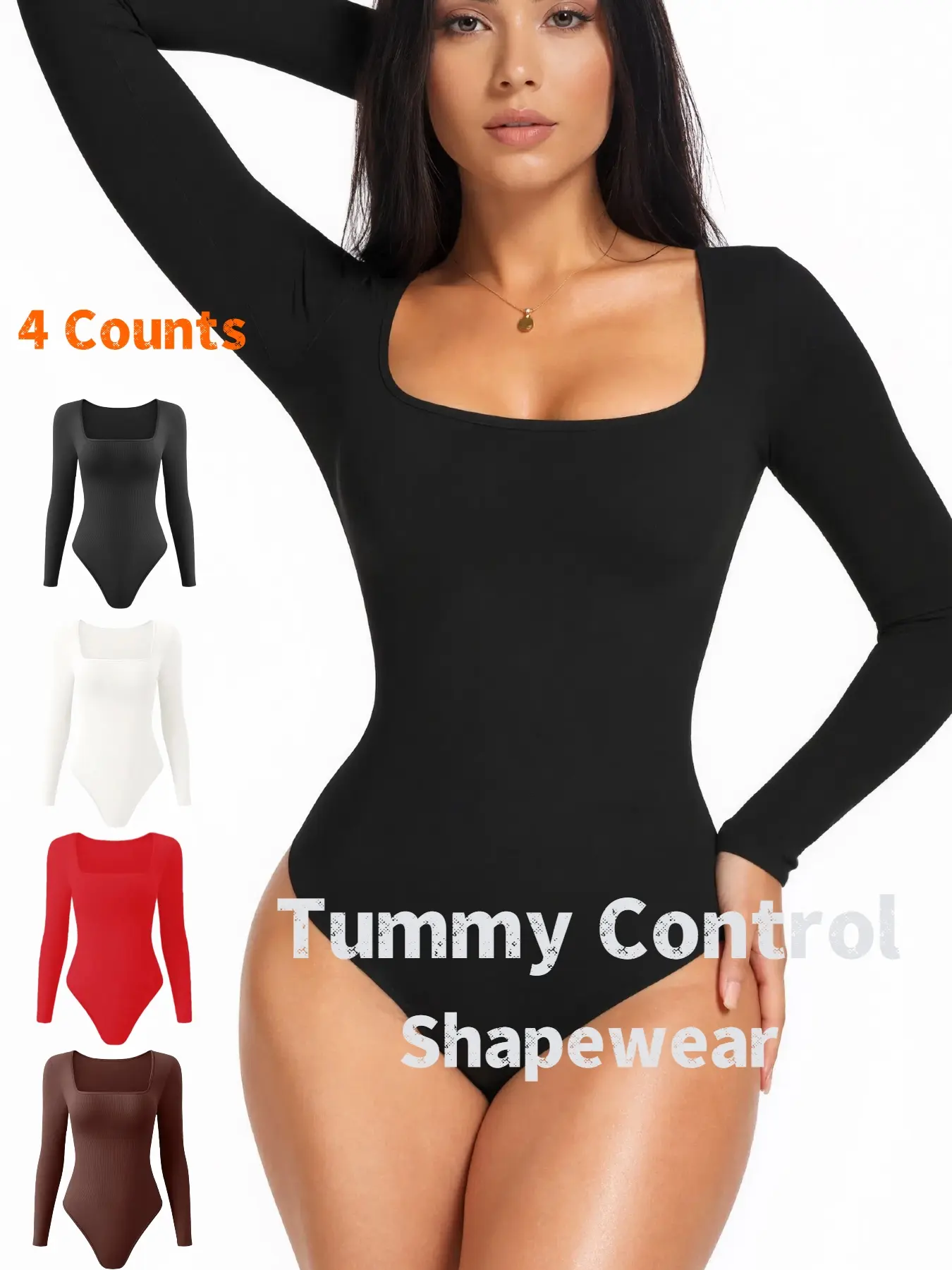 Women's Plain Basic Crop Knit Long Sleeve Fitted Seamless Shapewear Bodysuit, Thong Design, Square Neck Slimming Tummy Control, Body Sculpting Compression, Ladies Lingerie Underwear & Shapewear Piece, Body Shaping Bodysuit