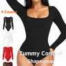 Women's Plain Basic Crop Knit Long Sleeve Fitted Seamless Shapewear Bodysuit, Thong Design, Square Neck Slimming Tummy Control, Body Sculpting Compression, Ladies Lingerie Underwear & Shapewear Piece, Body Shaping Bodysuit