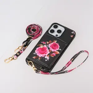 Flower-Print Leather Shockproof Cellphone Casing - Protective Accessories with Dual Chain Crossbody Strap for iPhone 16, 15 Plus, 15 Pro Max, S24 Ultra Models