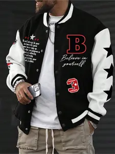 Plus Size Men's Slogan & Figure & Stars Print Button Front Fitted Thermal Lined Varsity Jacket, Casual Regular Fit White and Black Colorblock Long Sleeve Pocket Baseball Collar Outerwear for Fall & Winter, Men's Clothes for Daily Wear