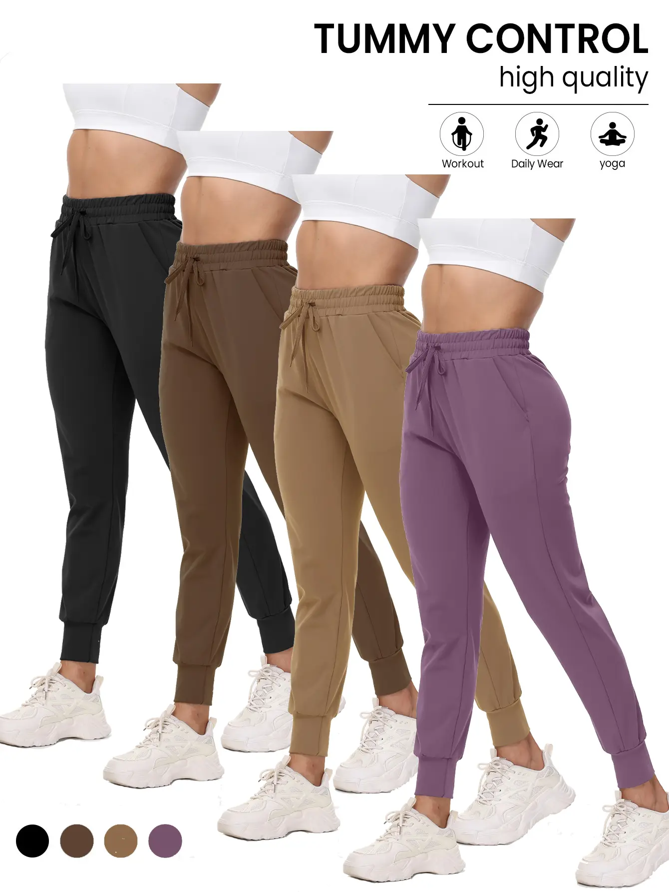 Women's 4-Pack Athleisure Jogger Pants - Relaxed Fit Gym Pants Lightweight Sweatpants with Pockets, Women's Clothes for Workouts, Lounging