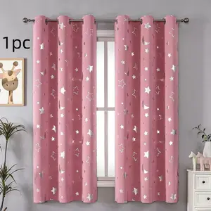 Star Moon Foil Print Blackout Home Decoration Curtain, Cartoon Polyester Texture Drapes for Bedroom & Living Room, All-Season Home Decor, Home Textile