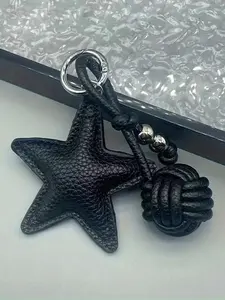Silver/Black/Brown Handmade Braided Ball & Star Pendant Woven PU Leather Ball Star Bag Charm Keychain PU Rope Five-Pointed Star Keyring Star-Shaped Keychain Purse Charm Accessory Phone/Car/Handbag/Backpack Key Holder Trinket Valentine Mother‘s Day Gift