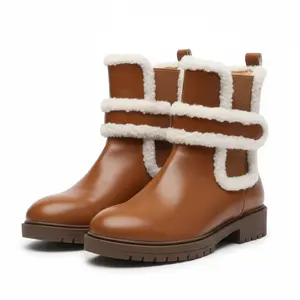 Warm and fashionable pure color plush boots with anti-slip function for outdoor snowy weather. Women's fur leather short boots / snow boots.