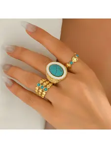 Vintage Style Women's Ring, Geometric Inlaid Turquoise, Multi-layer Design Open Ring, Versatile Jewelry