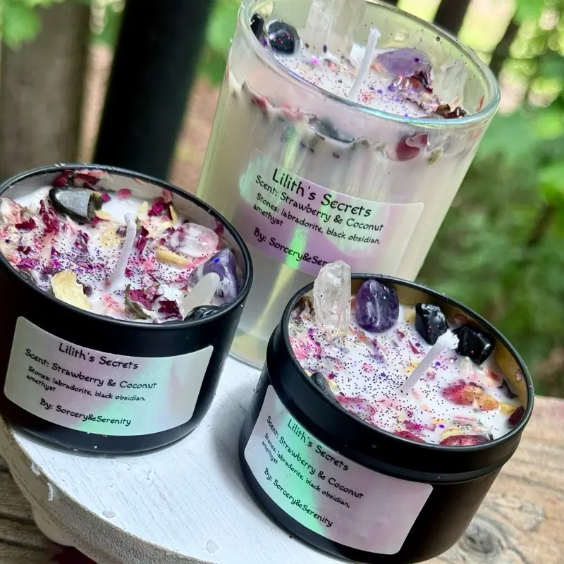 Lilith’s Secrets Altar candle, soy wax candle, soy candle with crystals and herbs, ritual candles Coconut Decor