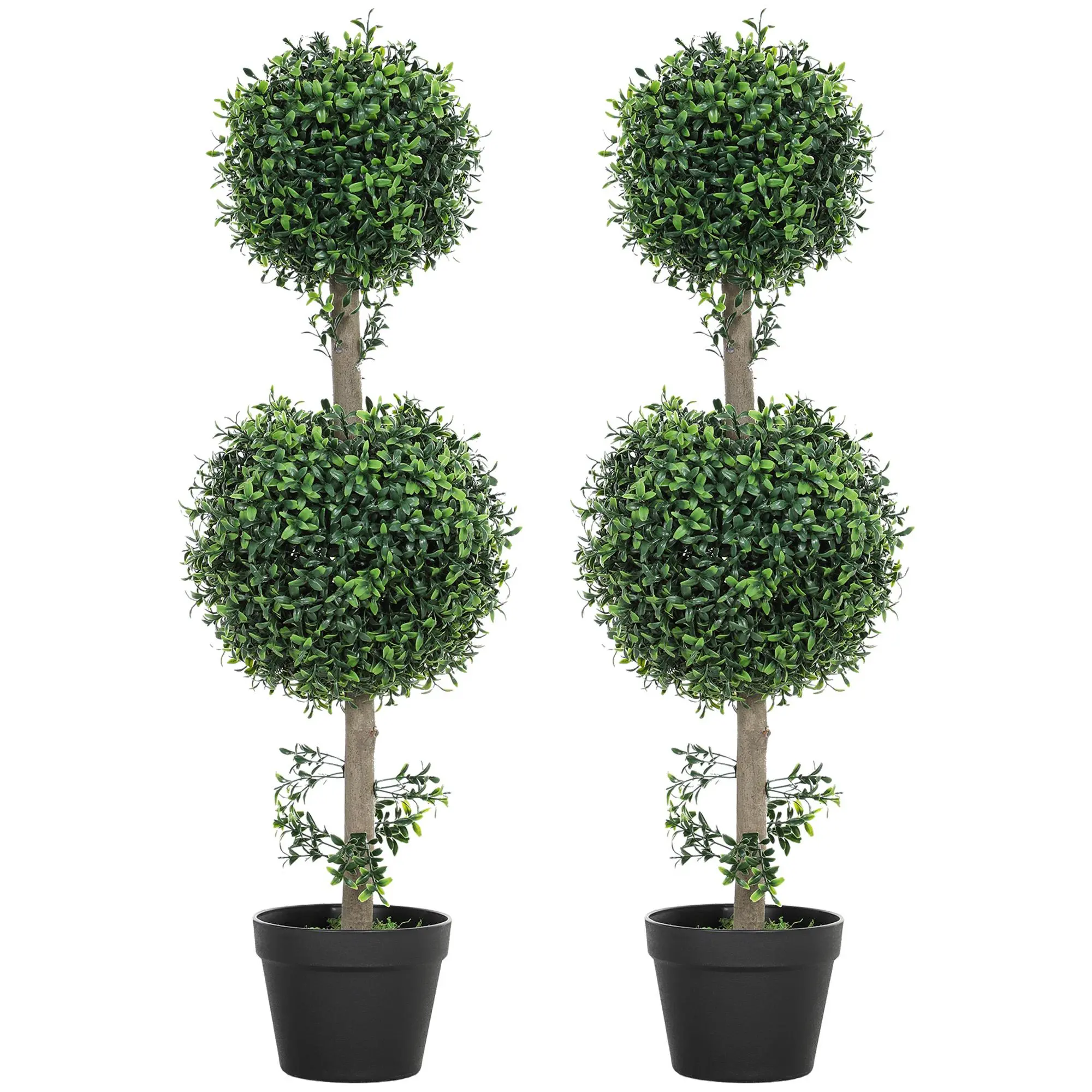 HOMCOM 2-Piece UV-Protected Nature-Inspired Boxwood Topiary Ball Tree Set, 40in Decorative Fake Potted Plants with Flower Accents, Indoor-Outdoor Greenery for Room & Outdoor Displays, Home Supplies Decor