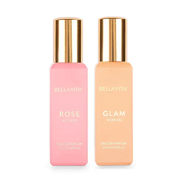 BellaVita Luxury Perfume Duo | Glam Woman – Jasmine, White Honey, Rose & Cedar | Rose – Jasmine, Peach & Amber | 20ml Mini Eau De Parfum Each | Long Lasting, Floral & Woody Perfumes for Women | Portable, Vegan & Cruelty Free Edp Fragrance