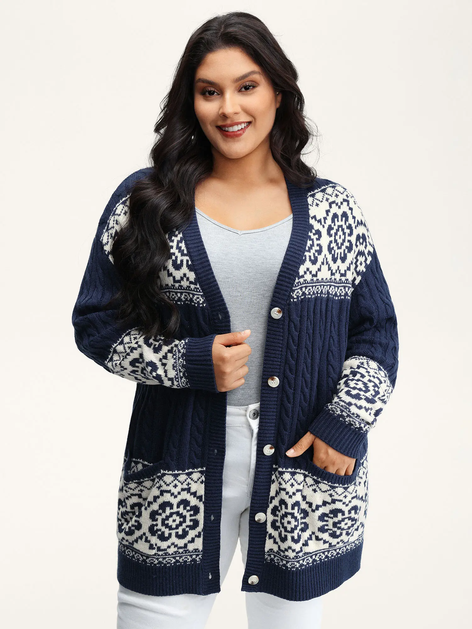 BloomChic Women's Bohemian Print Cable Knit Cardigan, V-Neck with Rhinestone Buttons, Drop Shoulders and Pockets, Knitting, Women's Clothes