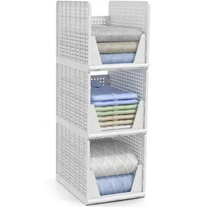 Sorbus Stackable Shelf Organizer - Set of 4 Small Baskets for Closet, Bathroom, Kitchen, Garage-White Rack Shoe Book