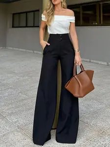 Elegant High-Waisted Wide-Leg Pants, Plain Design Zipper Closure, Fitted Casual Style for Spring & Fall, Women's Daily Wear, Womenswear