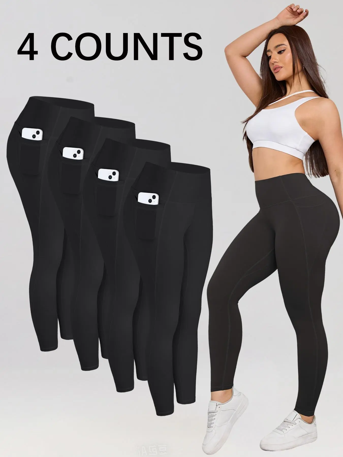 Women's Solid High-Waist Leggings with Pockets, Comfy Breathable Fitness Yoga Pants for All-Season Gym & Fitness