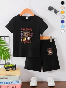 Summer Boys' Fashion T-Shirt Short Sleeve + Loose Shorts Set, Cartoon Game Classic Pattern, Five Nights at Freddy's Letters, Casual Daily Wear