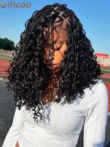 12 Inch Knotless Bob Boho Braided Wigs with Curly Ends, Synthetic Full Lace Box Braiding, Short Boho Bob Braids for Women, Glueless Hair Wigs, Bohemian Braided Wigs