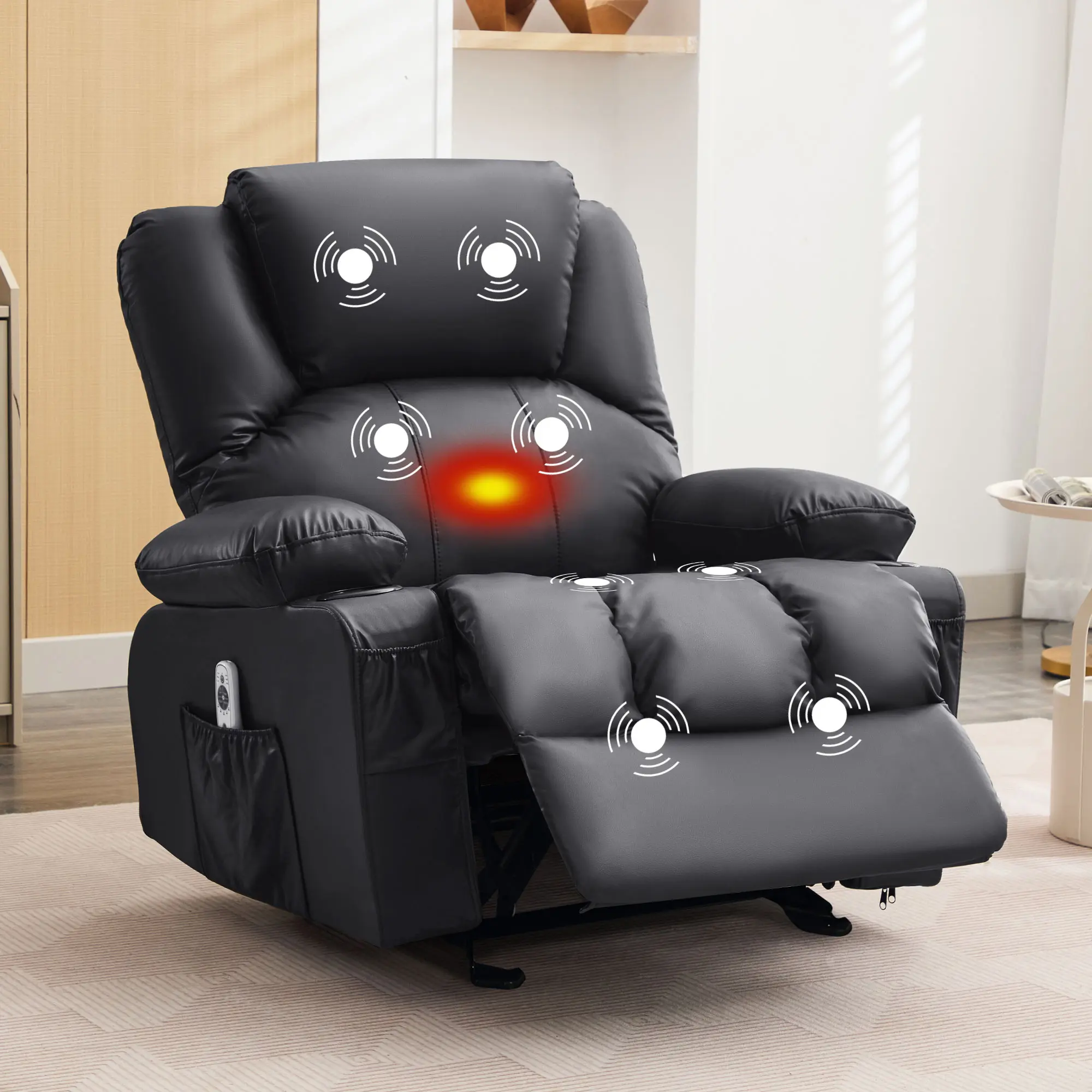 JONPONY Manual Recliner Chair with Heat Therapy and Massage Function, Heavy Duty Reclining Mechanism Massage Chair, Elderly Single Rocker Sofa with Cup Holders for Bedroom Home Theater,Black Heated Heating