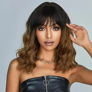 Short Brown Wig with Bangs for Women 12inch Wavy Curly Hair Wigs Heat Resistant Hair Replacement Wigs Cosplay Costume Halloween Wig(12'' Brown)