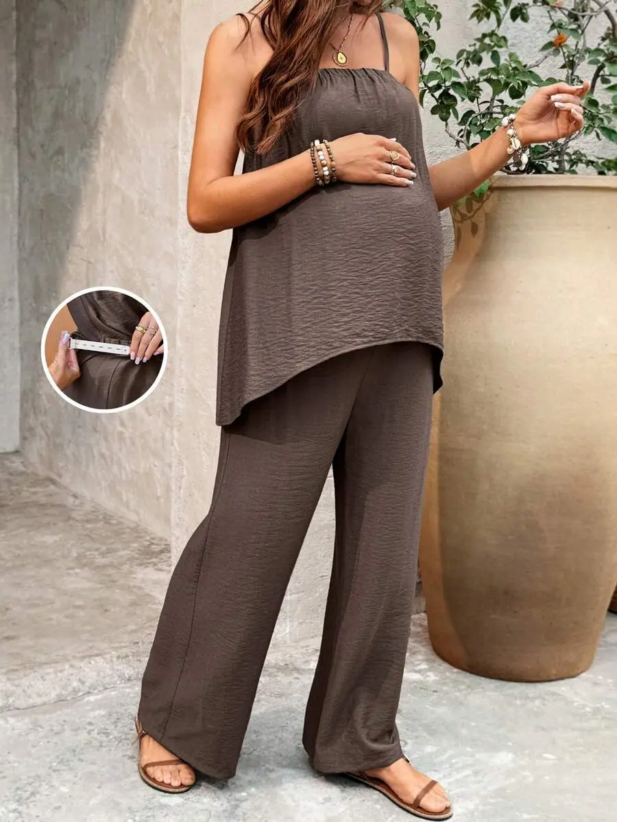 NANCY Maternity Casual Solid Color Camisole And Pants 2 Pieces Set Maternity Two Piece Set Brown Two Piece Set Women Wide Leg Pants Set Pregnancy Pant Comfy Two Piece Set