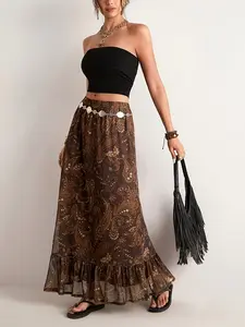 Boho High Waist Flowy Midi Skirt, Dual Layer Vintage Paisley Pattern, Elastic Waist A-Line Dress, Elegant Summer Beachwear, No Belt Included