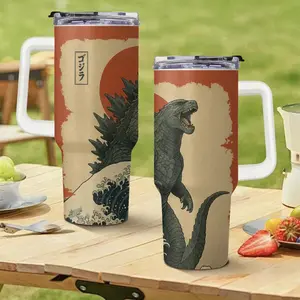 Godzilla 40oz Tumbler with Handle Straw, Kaiju Tumbler Vintage Japanese Giant Monster Great Wave Tumbler, Custom Name Tumbler Gift