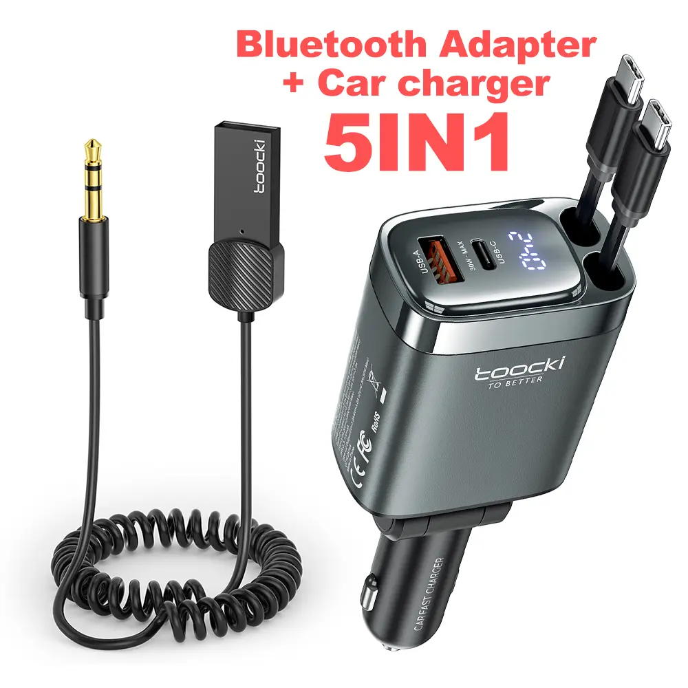 Toocki 5.4 HiFi AUX Receiver & Bluetooth Car Adapter - Auto Connect, 75cm Dual Retractable Cable Car Charger, Smart Digital Screen, 180-Degree Rotation, PD/QC Supported Multi-Port Fast Charging (Type-C/USB-A), 180° Rotate Port