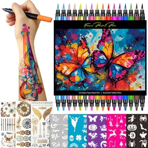 Temporary Tattoo Markers for Skin, 16 Colors Dual-Tip Tattoo Pens + 43 Tattoo Stencils + 50 Tattoo Stickers, Skin-Safe Glitter & Matte Body Markers, Washable Tattoo Kit for Kids Adults