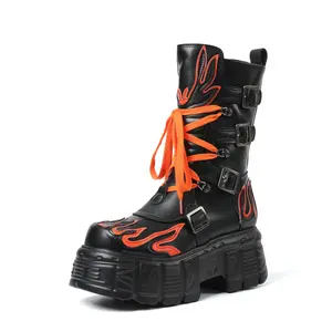 Women'S Punk Rock Boots with Thick Platform Sole Mid-Calf Motorcycle Boots for All-Season Concert Footwear Girl Walking Shoes Black Bota