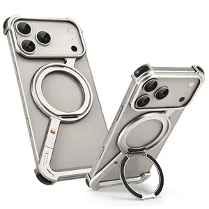 2026 Frameless Metal Phone Case for iPhone 17 Pro/Pro Max/17 Air with Stand 360° Rotatable Magsafe Protective Shockproof
