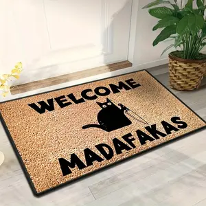 Sarcastic "Welcome Madafakas" Black Cat with Knife Diatomaceous Earth Doormat. Fast Drying Super Absorbent Diatom Mud Entrance Mat. Non-Slip Floor Rug for Front Door Bathroom Kitchen. Unique Funny Gift for Naughty Cat Lovers.