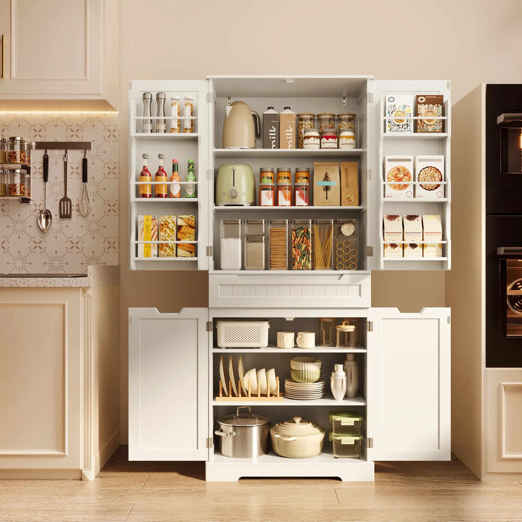 Gizoon Sturdy Wood Freestanding Kitchen Pantry Cabinet - 71" Tall, 5-Tier, with Doors, Adjustable Shelves & Drawer, Waterproof, Custom-Fit, Requires Assembly, for Laundry Room & Bathroom Organization