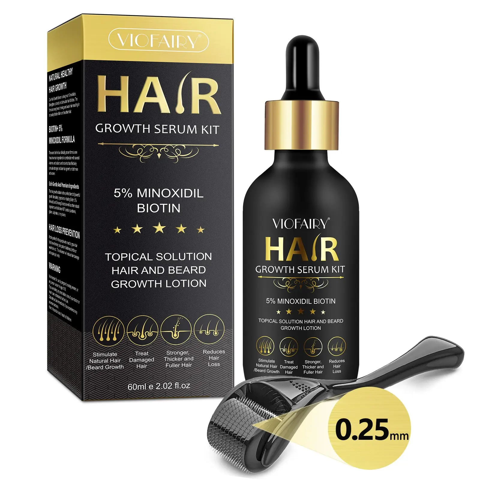 Viofairy Minoxidil Hair Growth Essence 60ML with Roller, 5% Minoxidil, Moisturizes Hair, Strengthens Hair and Beard, Thicker Fuller Hair, for Baldness, Unisex