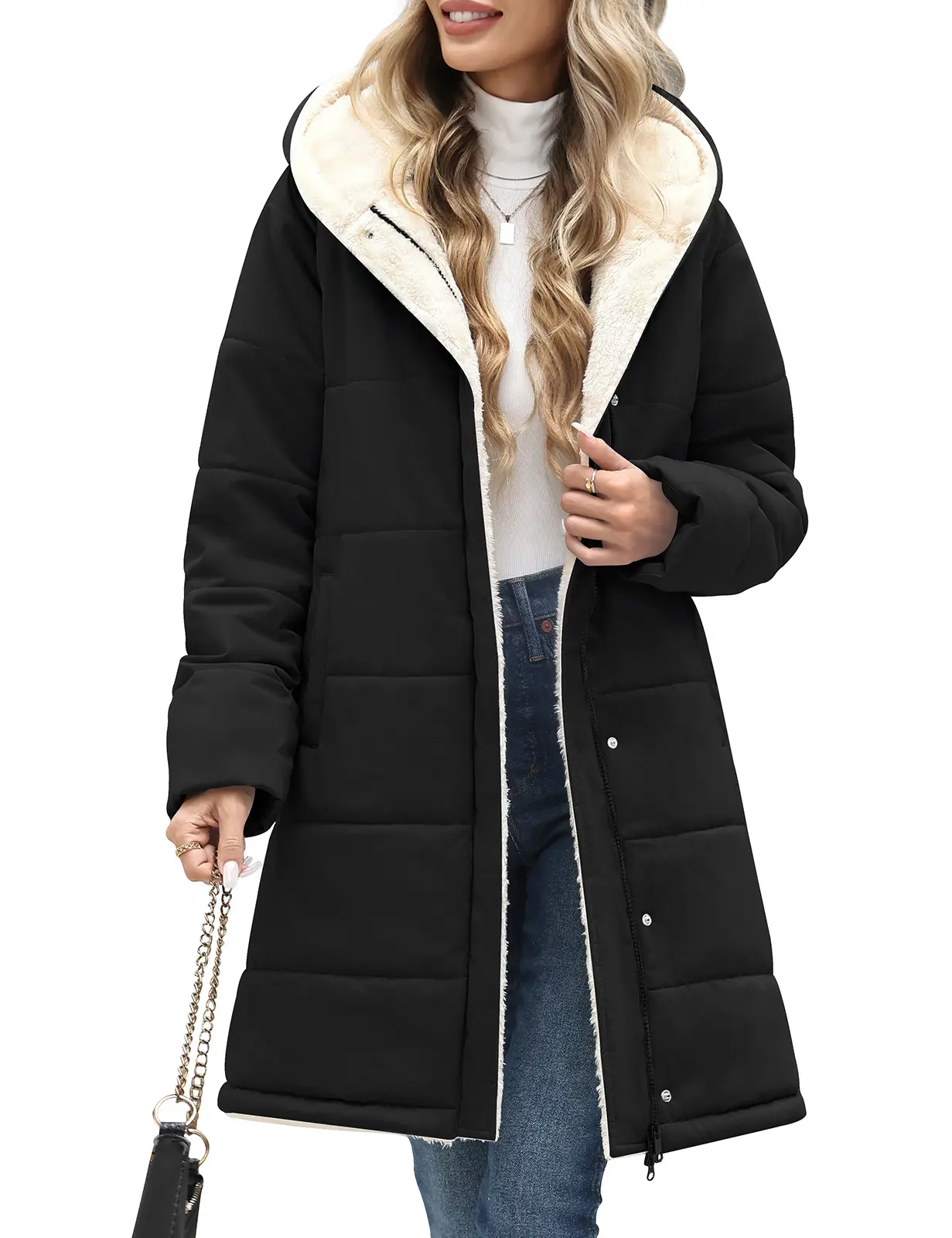 Heekpek Shop Women Winter Down Coat Fleece Long Warm Hooded Parka Puffer Padded | Long Sleeve Jacket, Double Side Pocket, Fuzzy Quilted Lightweight, Water Repellent, Windproof Outerwear