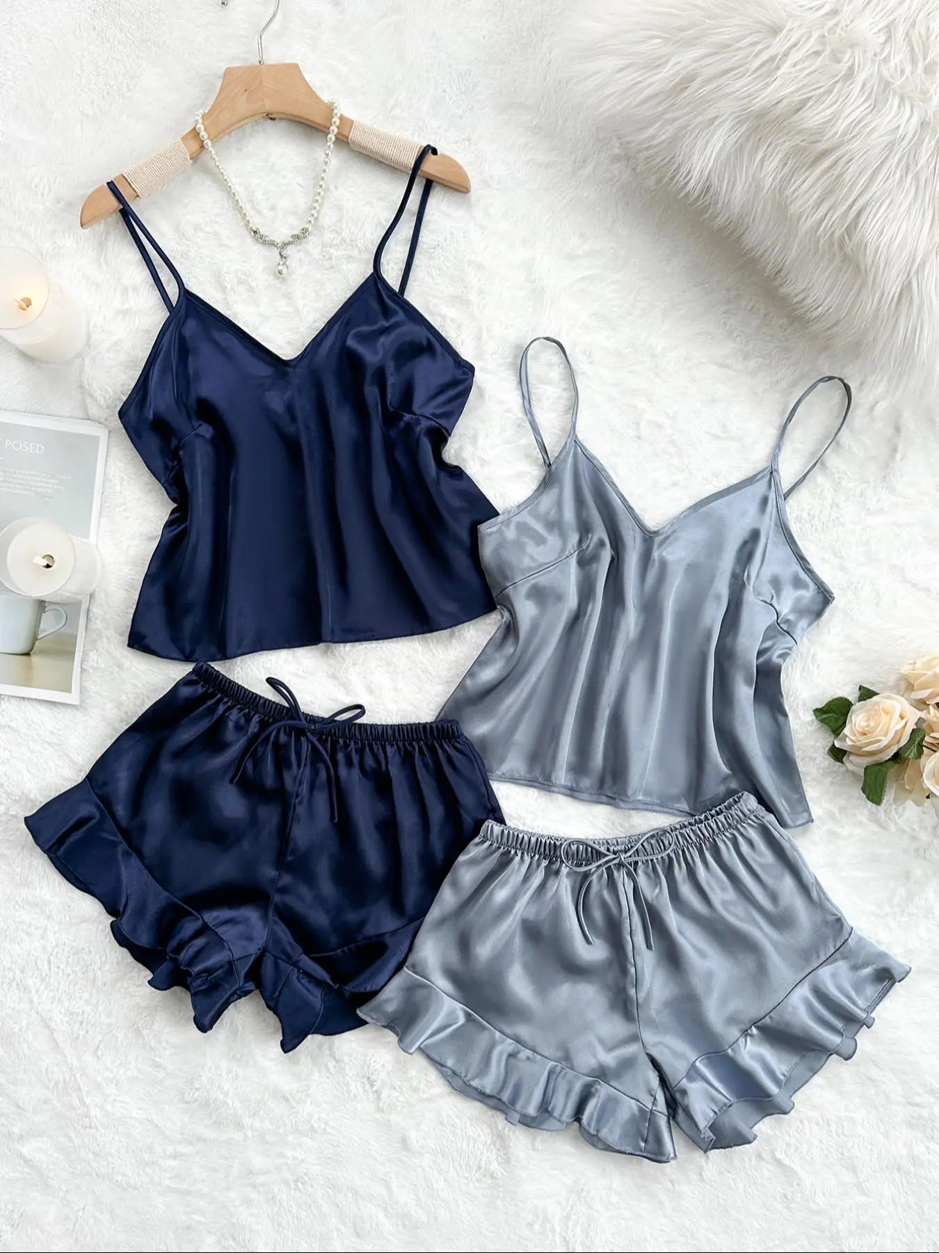 Women's Solid V-Neck Cami Top & Bow Decor Elastic Waist Shorts Smooth Satin Pajama Set, Adjustable Spaghetti Strap Camisole & Ruffle Hem Sleepwear for All Seasons