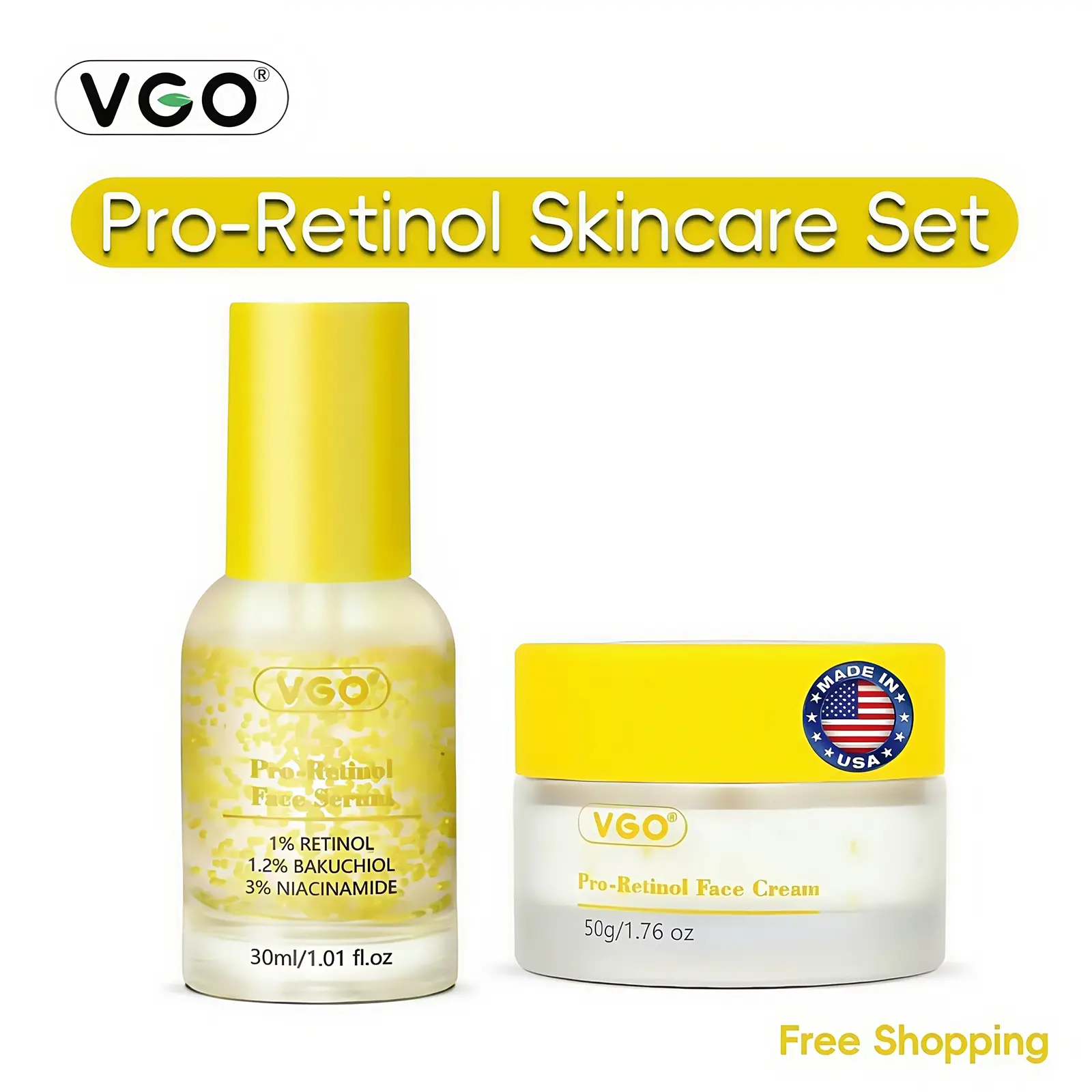 VGO Fragrance-Free (oz-B) Anti-Aging Facial Bundle: 1% Retinol & 3% Niacinamide Serum + Plant-Infused Night Cream, Gentle, Hydrating, Smooth, Acne-Fighting, Sensitive Skin-Friendly, Cleansing, Contour Repair Skincare Set, Radiance, Hydrate, Skin Repair, R