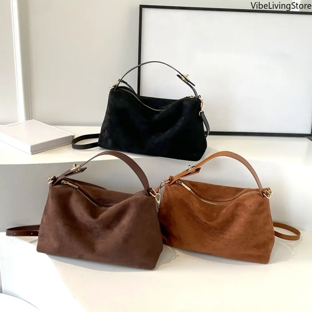 2026 Autumn Winter Fashion Women's Handbag, Large Boston Tote, Soft Matte Genuine Suede Cow Leather, Adjustable Strap Shoulder Crossbody Bag, Vintage Commuter Bag, Grey Brown, Crossbody Bags For Women, Leather Women's Handbags