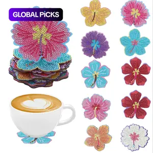 Flower Shaped Colorful Diamond Arts Painting Coasters Kit, 10 Counts/set DIY Artificial Diamond Art Paint Coasters, DIY Decorative Cup Mat for Home Office Desk Diamond Painting Kits #GLOBAL PICKS