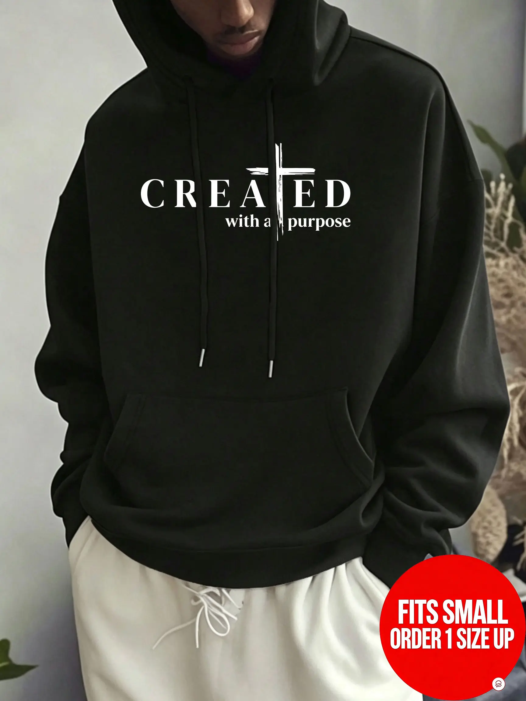 Distressed Cross Inspirational English Print Hooded Sweatshirt, American Loose Fit Drop-Shoulder Men’s Casual Pullover Hoodie with Pocket 【Runs small, order one size up】