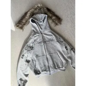 Winter Fashion Streetwear Women's Gothic Punk Faux Fur Hooded Jacket With Cross Print Trendy Edgy Zip - Up Sweatshirt 2025 New