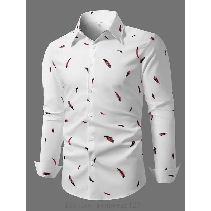 Men's All Over Feather Print Button Front Shirt, Regular Fit Casual Long Sleeve Collared Top for Seasons, Clothes for Daily Wear classic design everyday essential versatile style comfort wardrobe staple piece relaxed