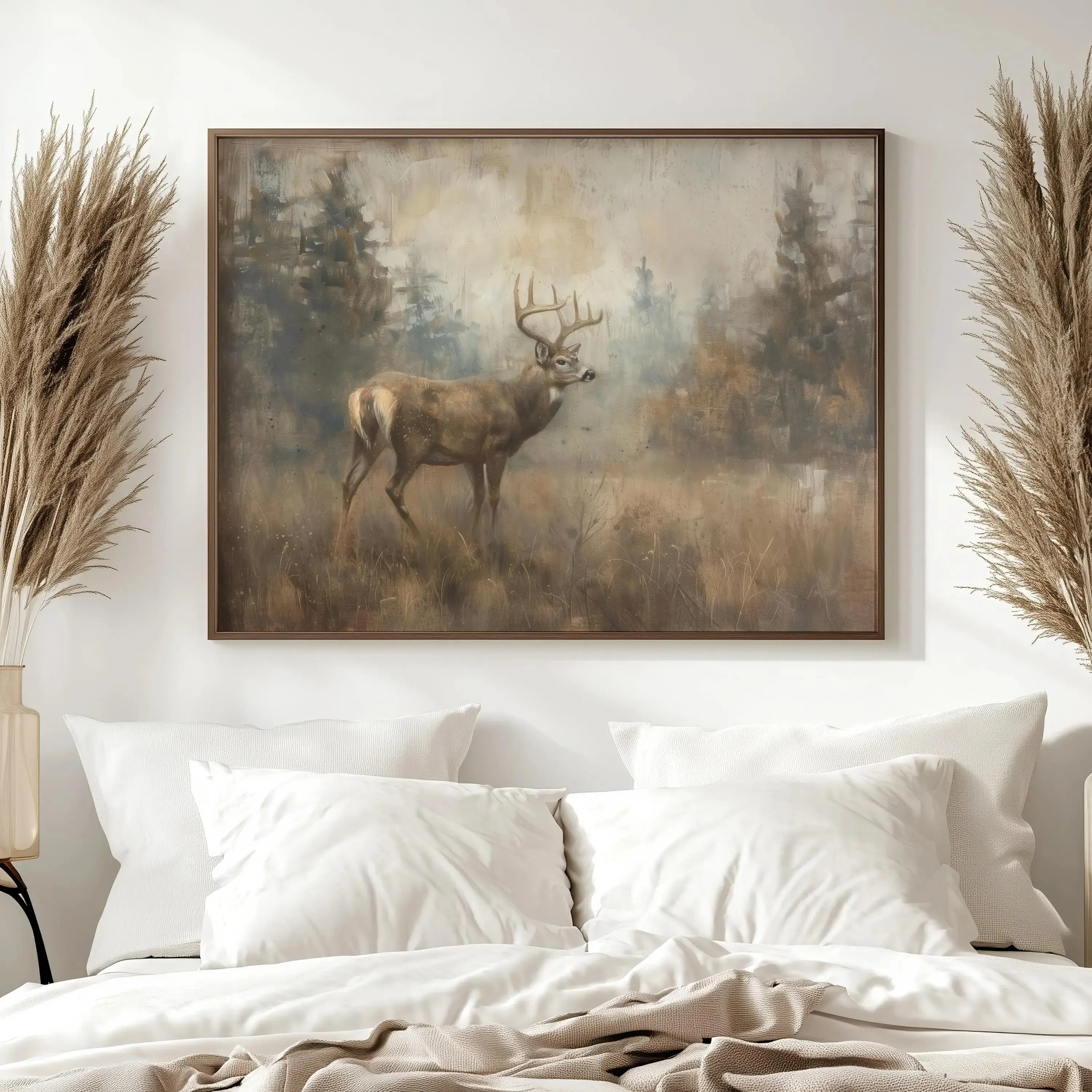 Rustic Deer Landscape Poster Unframed for Man Cave Hunting Decor Dark Brown Wall Art Cabin Decor Vintage Woodland Room Antique Forest Art Print