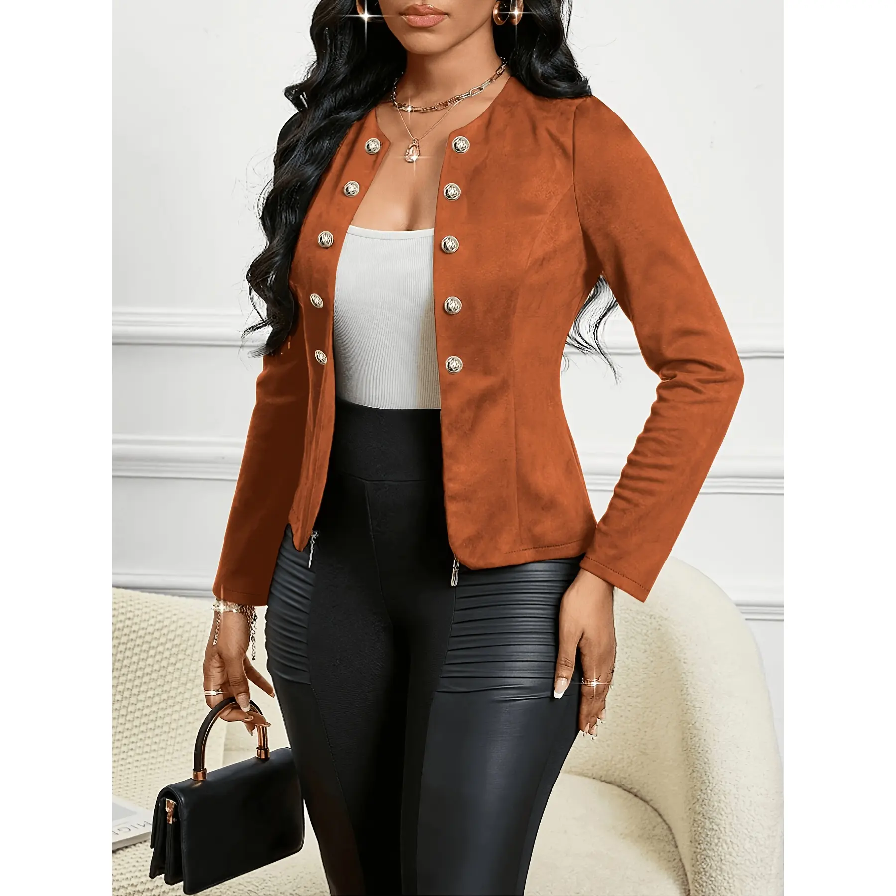 One-piece Spring/autumn Solid Color Button-decorated Collarless Long-sleeve Women's Top Coat,boho,print,,cloaks,waterproof,fleece,,fall,winter,long line,pocket,casual,fabric,lapel,neck,open front outerwear,Pink,Suede,Plush,Jacke,clothing,womens,st,fitness