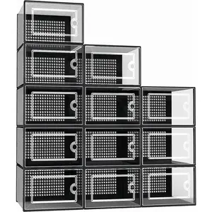 X-Large Shoe Storage Boxes Organizers Clear Plastic Stackable 12 Pack, Shoe Rack & Holder Substitute, Sneaker Containers, Toy Storage Organizer Bins for Entryway, Closet, Under Bed, Black