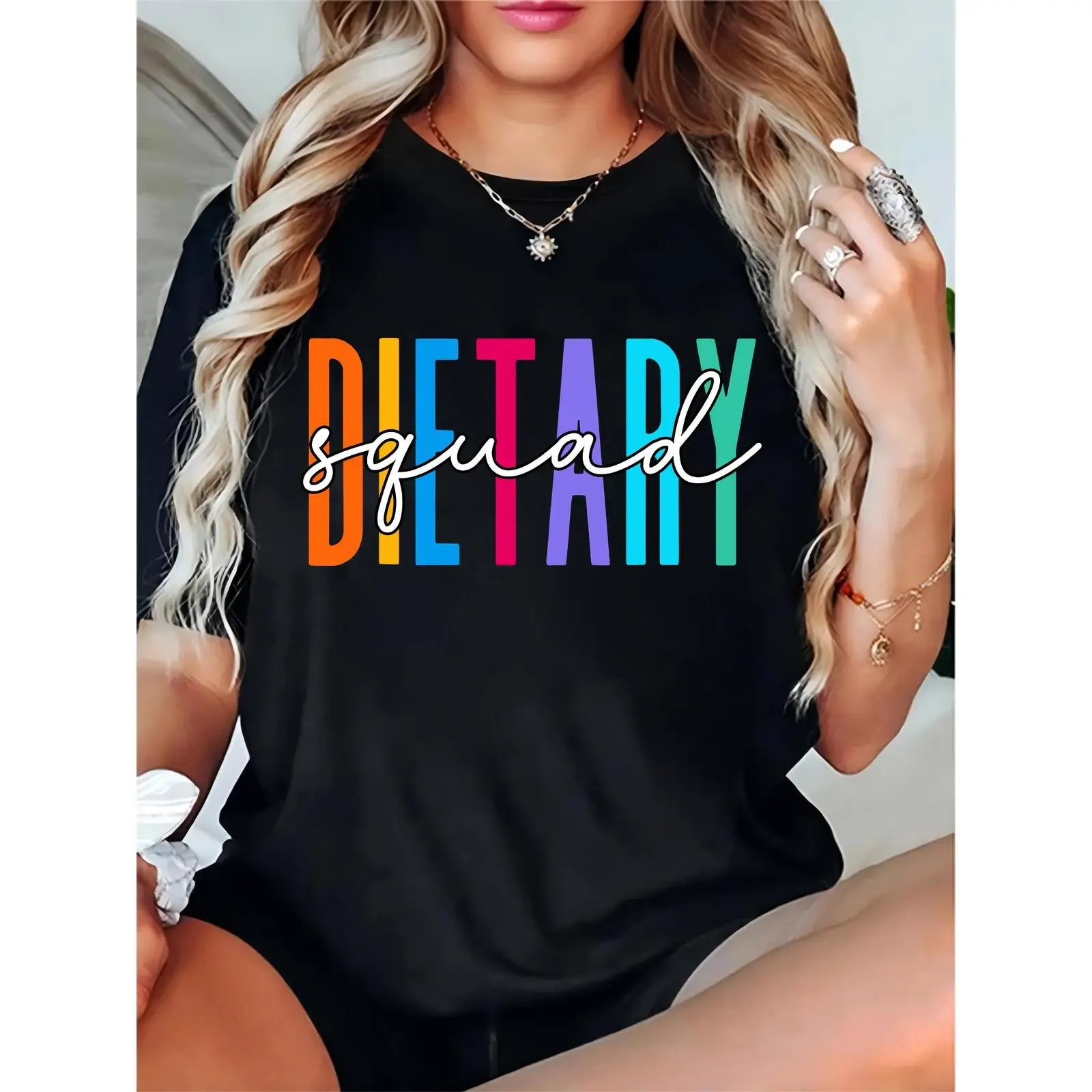 Women's Colorful "Dietary Squad" Graphic T-Shirt - Casual Fun Tee for Dietitians, Nutritionists, Squad Groups, Perfect for Daily Wear, Gatherings, or Gifts