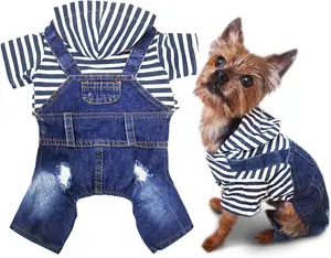 Vintage Washed Denim Dog Jumpsuit with Hoodie | Stylish Blue Puppy Jacket for Small & Medium Dogs (L) SILD