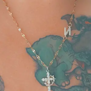 Women's Stainless Steel Necklace with Zirconia Cross Crown Initial Pendant, Casual Fashion Lip Chain Jewelry for All Seasons, Letter Necklaces, Cross Design Necklace